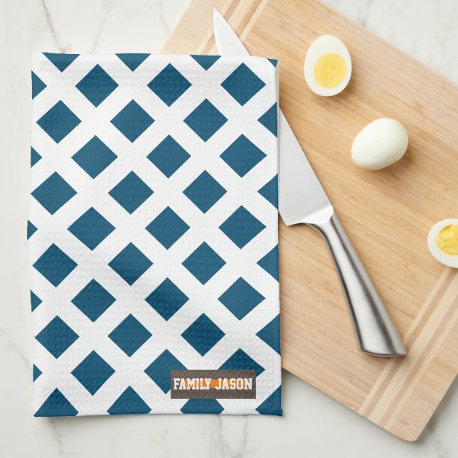 Linge De Cuisine Personnalisé nom marine moderne bleu blanc élégant (Quart Plié)