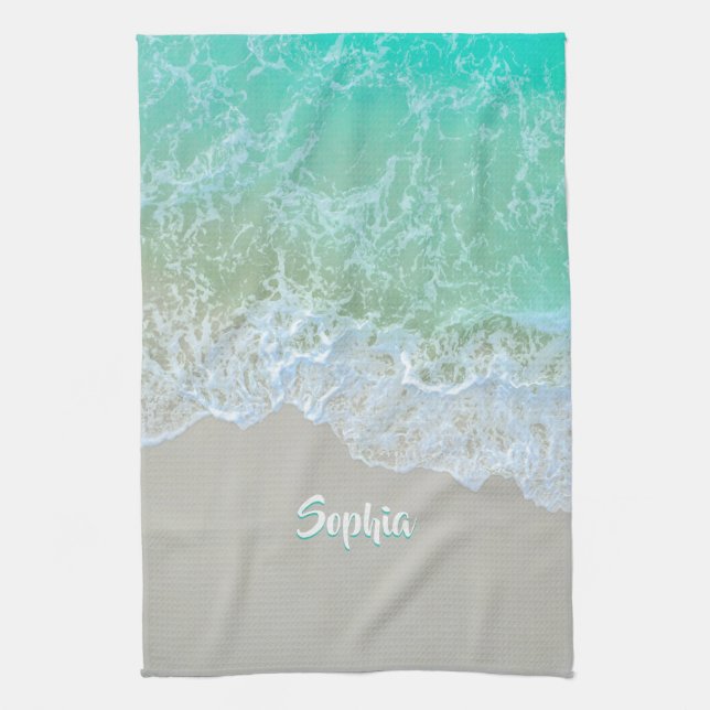 Linge De Cuisine Personnaliser le nom, blanc et Turquoise, douces v (Vertical)