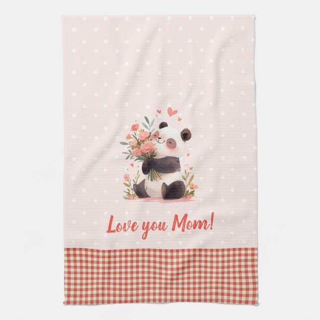 Linge De Cuisine Petit Panda tenant Fleurs Mères Jour Cadeau (Vertical)