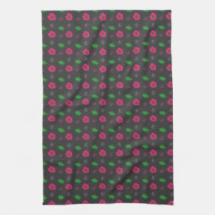 Linge De Cuisine petites fleurs roses et feuilles verts. Flèche gra