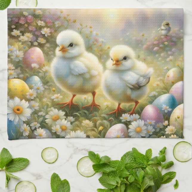 Linge De Cuisine Petits poussins dans la prairie avec oeufs de Pâqu (Plié)