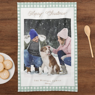 Linge De Cuisine Photo de famille Noël Gingham vert blanc