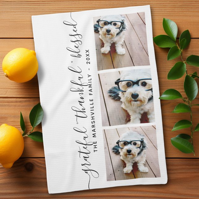 Linge De Cuisine Photo Moderne Calligraphie reconnaissant béni (Personalized Kitchen Towel with photos and text - Makes a great gift)