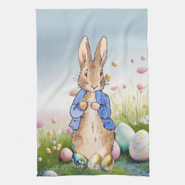Linge De Cuisine Pierre le lapin OEufs de Pâques et fleurs sauvages (Vertical)