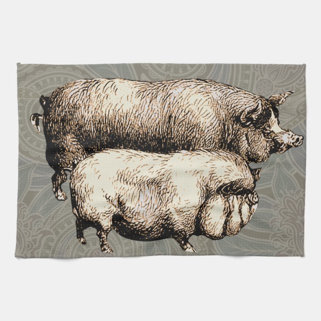 Linge De Cuisine Pig Farm Pays Antique Illustration Art (Horizontal)