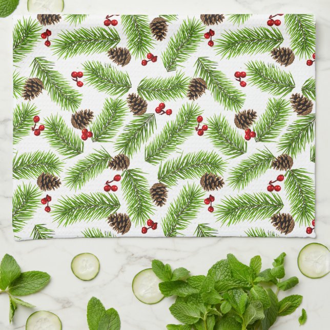 Linge De Cuisine Pin de Noël et baies rouges (Plié)