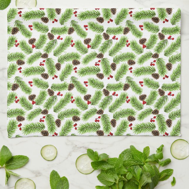 Linge De Cuisine Pin vert de Noël Feuilles, cônes et baies rouges (Plié)