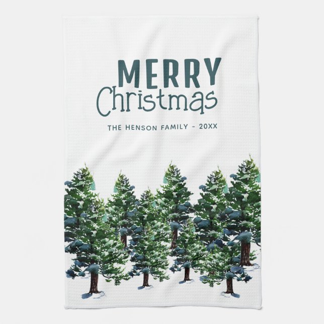 Linge De Cuisine Pine Arbre avec Aquarelle de neige Peinture Noël (Vertical)