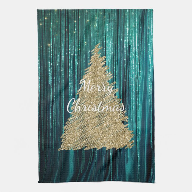 Linge De Cuisine Pine turquoise Vert Tinsel Or Noël Arbre (Vertical)