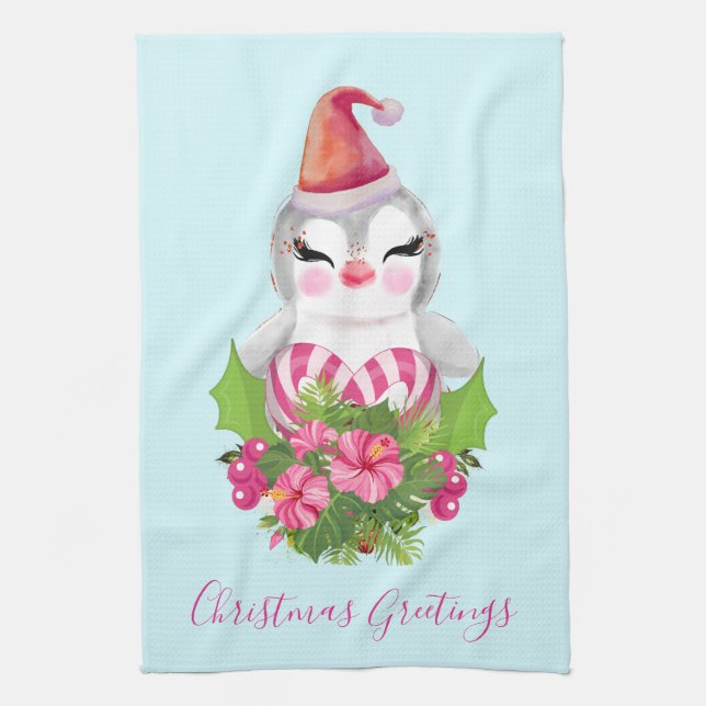 Linge De Cuisine Pingouin de Noël mignon à Santa Hat (Vertical)
