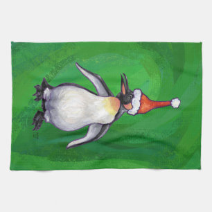 Linge De Cuisine Pingouin mignon à Santa Hat sur Vert