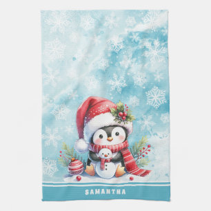 Linge De Cuisine Pingouin mignon Personnalisé Snowy Bleu Noël