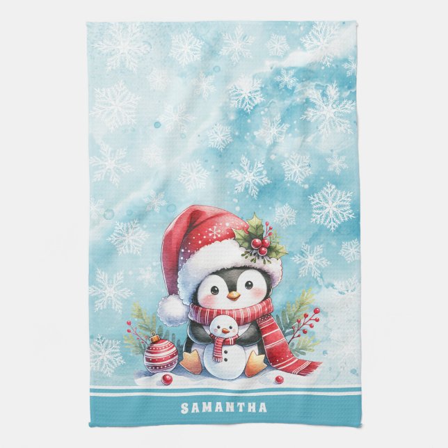 Linge De Cuisine Pingouin mignon Personnalisé Snowy Bleu Noël (Vertical)