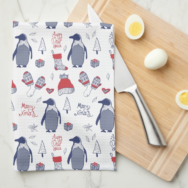 Linge De Cuisine Pingouins de Noël Casquette Gants Motif (Quart Plié)