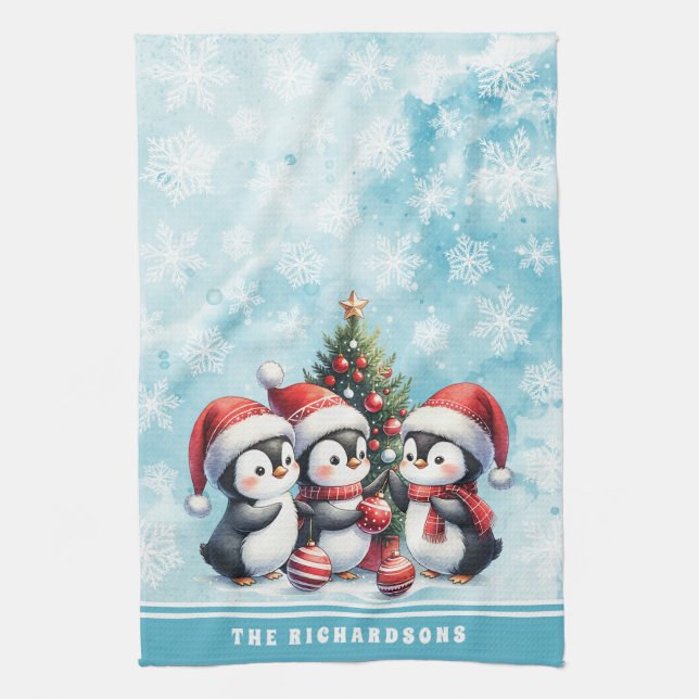 Linge De Cuisine Pingouins mignons Bleu neigeux Noël personnalisé (Vertical)