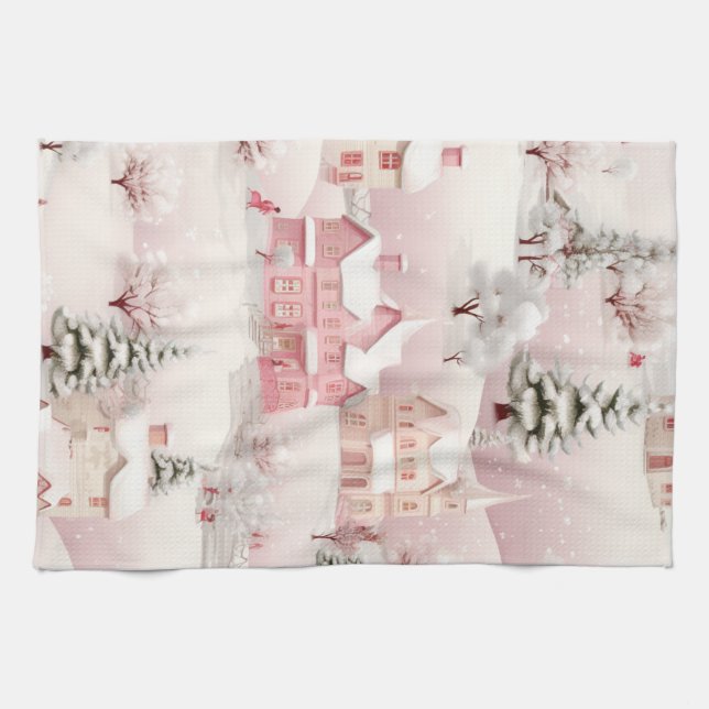 Linge De Cuisine Pink Christmas kitchen towel. (Horizontal)