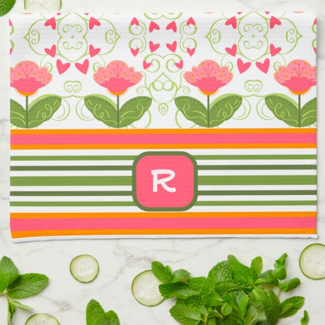 Linge De Cuisine Pink Fun Chic Monogramme Floral initial rayé (Créateur téléchargé)