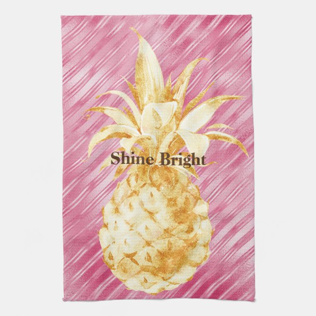 Linge De Cuisine Pink Glam Stripes Gold Tropical Pineappy (Vertical)