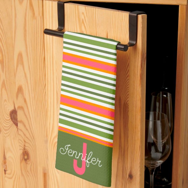 Linge De Cuisine Pink Green Modern Stripe élégant Nom initial (Créateur téléchargé)