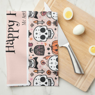 Linge De Cuisine Pink Halloween Tricoter ou traiter Nom de famille 