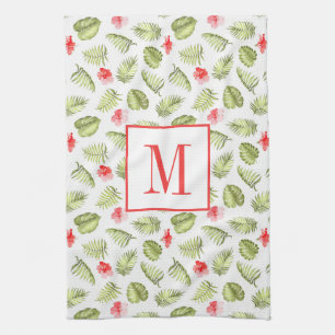 Linge De Cuisine Pink Monogramme Tropical Palm Feuille Motif