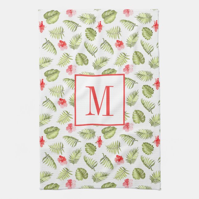 Linge De Cuisine Pink Monogramme Tropical Palm Feuille Motif (Vertical)