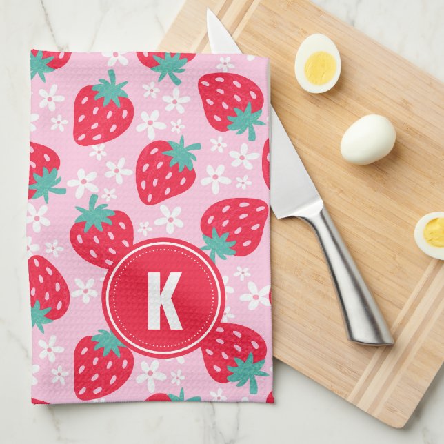 Linge De Cuisine Pink Red Strawberries Floral  Pattern Monogram (Quart Plié)
