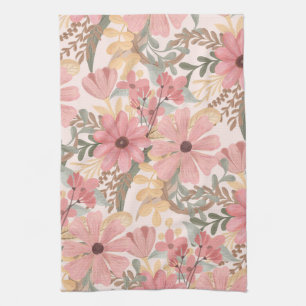 Linge De Cuisine Pink Sage Vert Floral Feuille Motif d'aquarelle