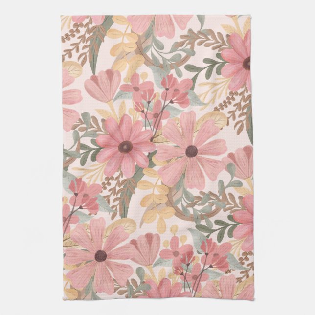 Linge De Cuisine Pink Sage Vert Floral Feuille Motif d'aquarelle (Vertical)