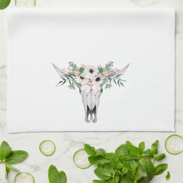 Linge De Cuisine Pink White Boho Tête de vache Floral (Plié)