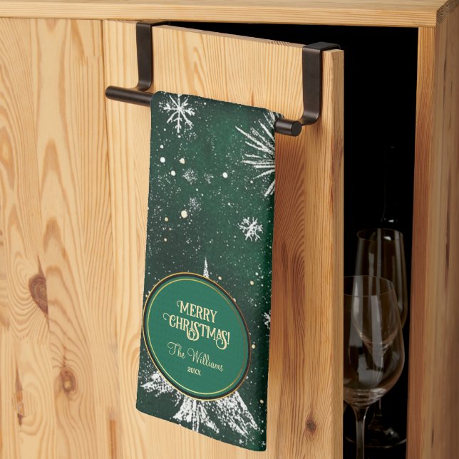 Linge De Cuisine Pins d'or Silver Snowflakes Hunter Green (Pliage en tiers)