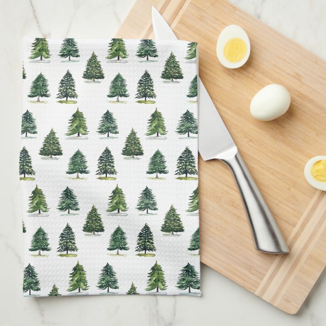 Linge De Cuisine Pins motif Noël Vert Aquarelle (Quart Plié)