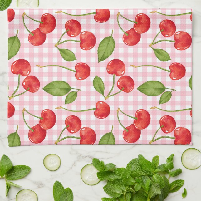 Linge De Cuisine Pique-nique En vichy rose & Cerises rouges (Plié)
