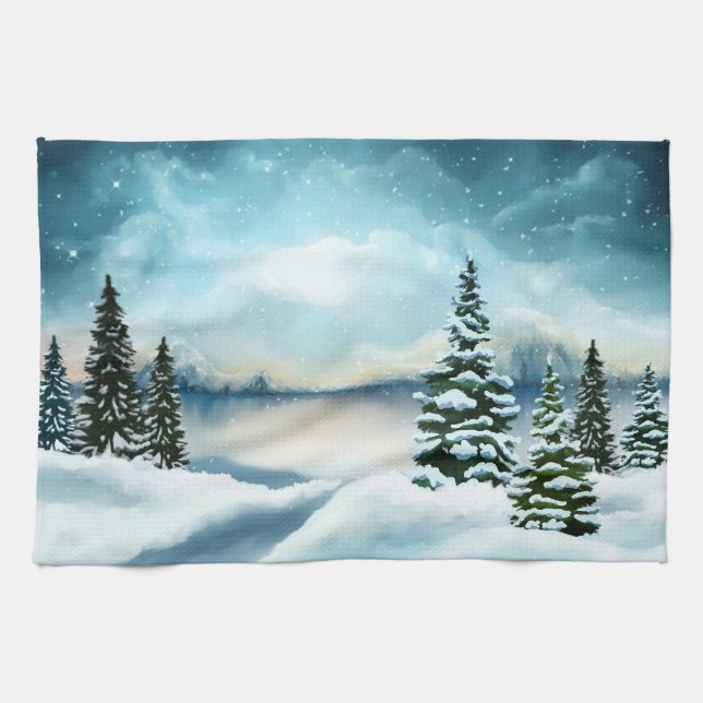 Linge De Cuisine Pittoresque Winter Wonderland aquarelle peinture (Horizontal)