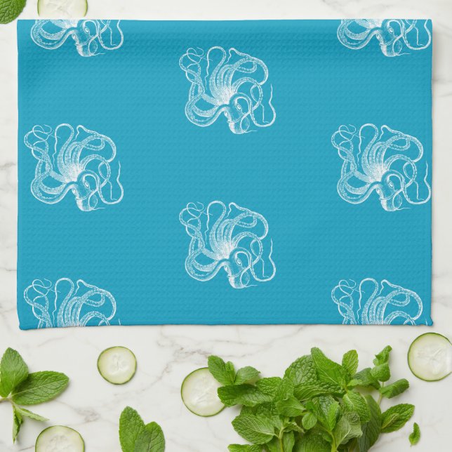 Linge De Cuisine Plage Aqua Bleu Océan Blanc Octopus (Plié)