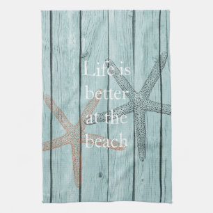 Linge De Cuisine Plage Blue Faux Wood Starfish