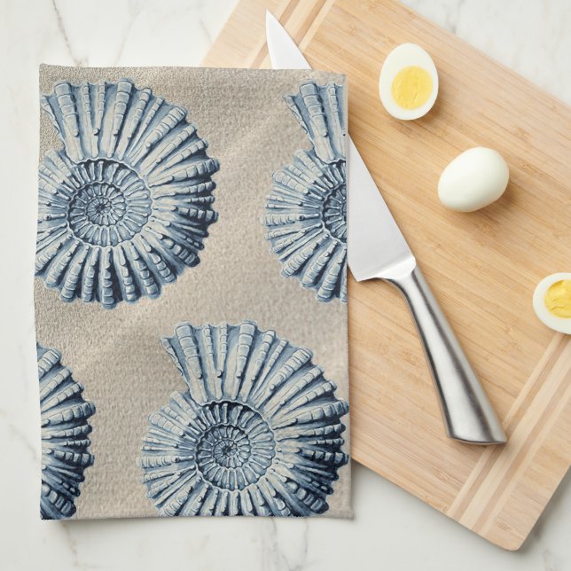 Linge De Cuisine Plage côtière Sable & Bleu Coquillages Spiraux (Quart Plié)
