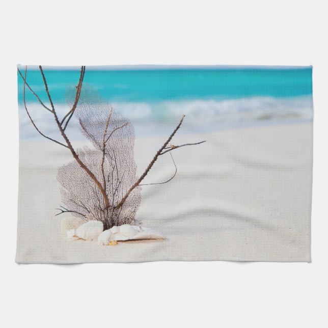 Linge De Cuisine Plage de sable avec coquillages blancs (Horizontal)