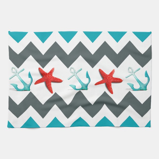 Linge De Cuisine Plage nautique thème Chevron Ancres Starfish (Horizontal)