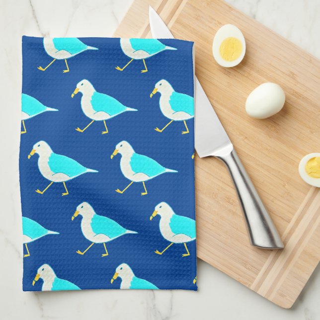 Linge De Cuisine Plage Oiseau Art Mouettes Bleues (Quart Plié)