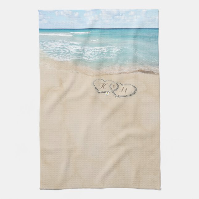 Linge De Cuisine Plage tropicale Vintage Coeurs Initiales (Vertical)