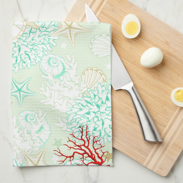 Linge De Cuisine Plage turquoise étoile turquoise coquillages corai (Quart Plié)