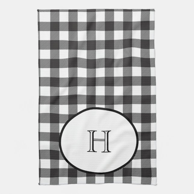 Linge De Cuisine Plaid Buffalo Noir et Blanc Monogrammé (Vertical)