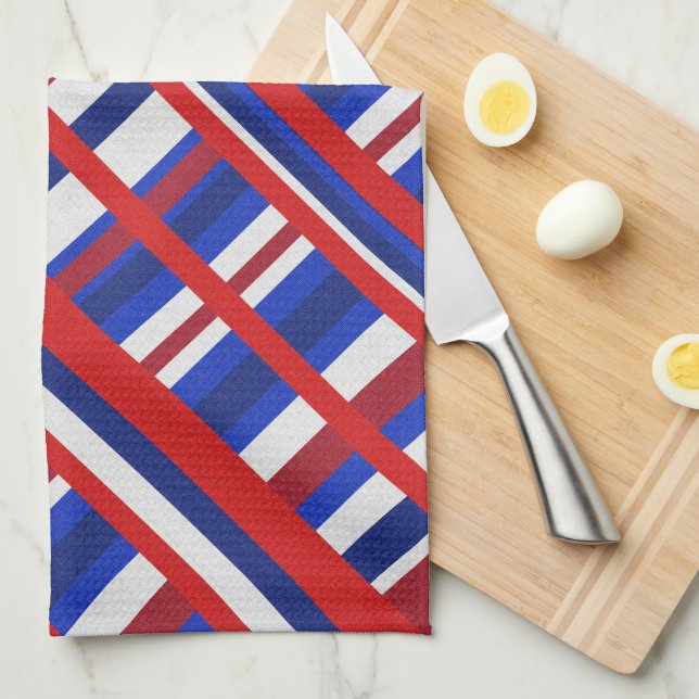 Linge De Cuisine Plaid en diagonale rouge, blanc et bleu (Quart Plié)
