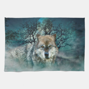 Linge De Cuisine Pleine lune de loup dans le brouillard