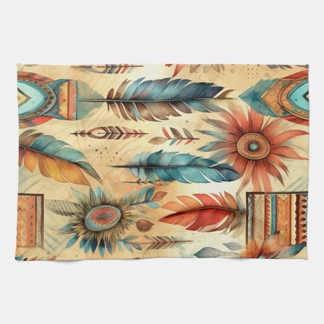 Linge De Cuisine Plumes bleues de la tribu Aztec Boho (Horizontal)