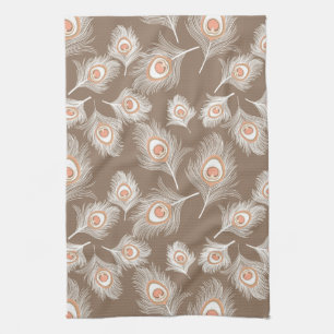 Linge De Cuisine Plumes de paon blanches et de poches sur Taupe Tan