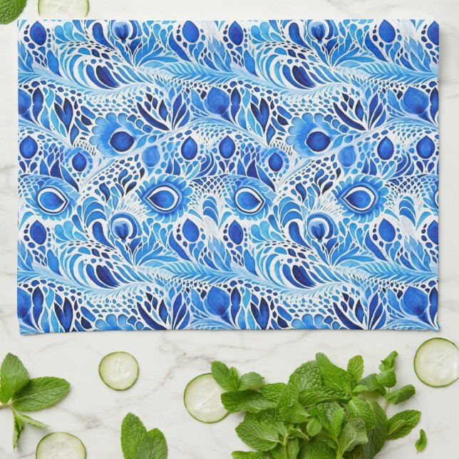 Linge De Cuisine Plumes de paon bleu blanc (Plié)