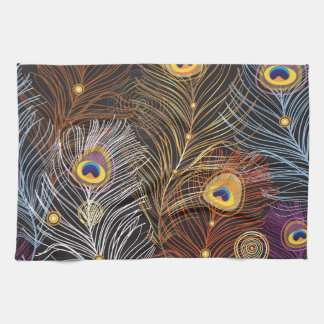 Linge De Cuisine Plumes de paon doré : motif foncé.
