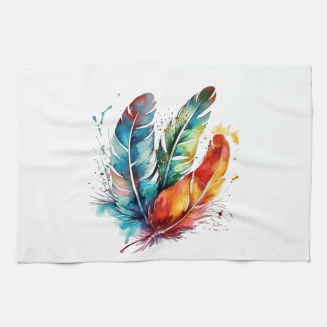 Linge De Cuisine Plumes d'esprit : Aquarelle vive Art (Horizontal)